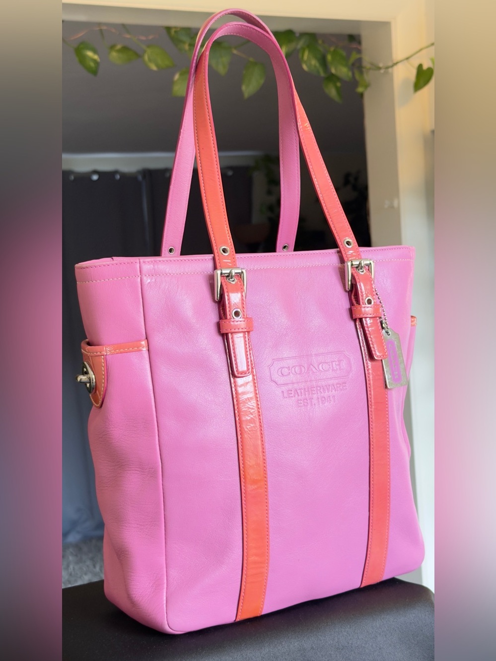 RARE Coach Pink Leather Gallery Tote W/ Orange Patent Y2K